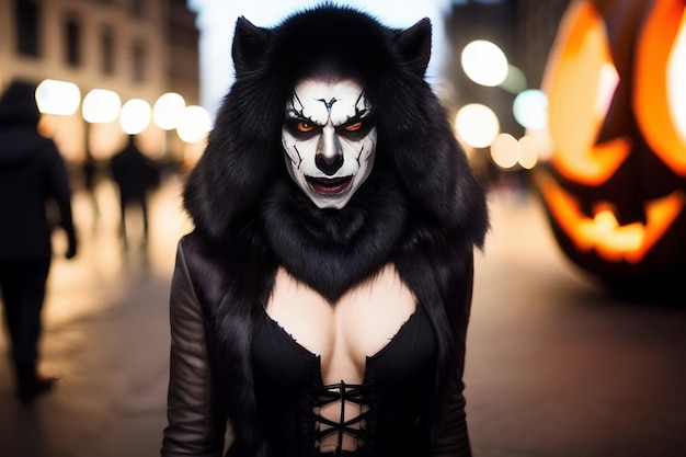 retrato de halloween de uma garota sexy lobisomem em orelhas de maquiagem assustadoras na rua