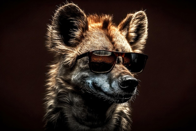 Retrato de hiena com óculos de sol em um fundo escuro generativo ai