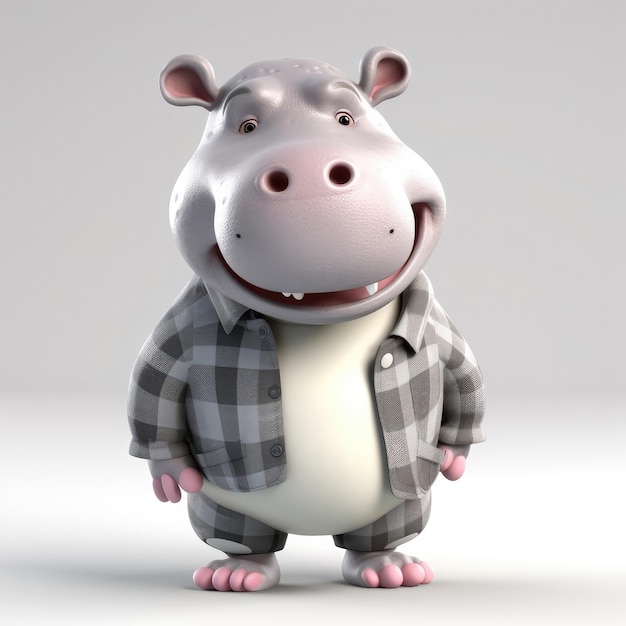Retrato de hipopótamo de desenho animado 3D vestindo roupas em pé na frente das luzes do estúdio generativo ai