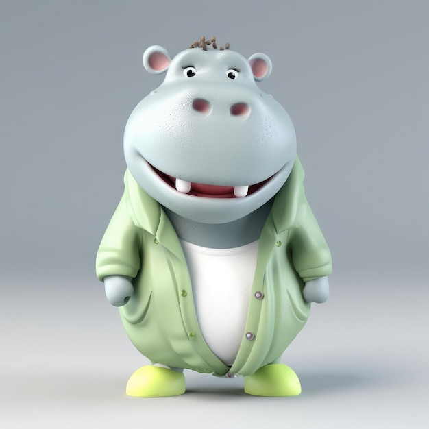 Retrato de hipopótamo de desenho animado 3D vestindo roupas em pé na frente das luzes do estúdio generativo ai