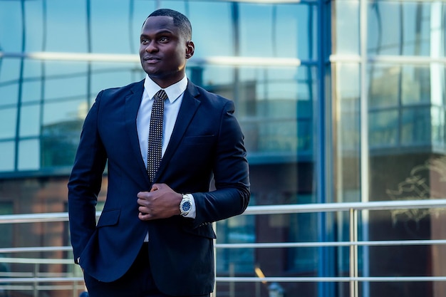 Retrato de homem afro-americano bonito e elegante em uma elegante jaqueta preta e uma camisa branca com uma gola com uma gravata elegante posando fundo da paisagem urbana de escritórios de vidro de Manhattan