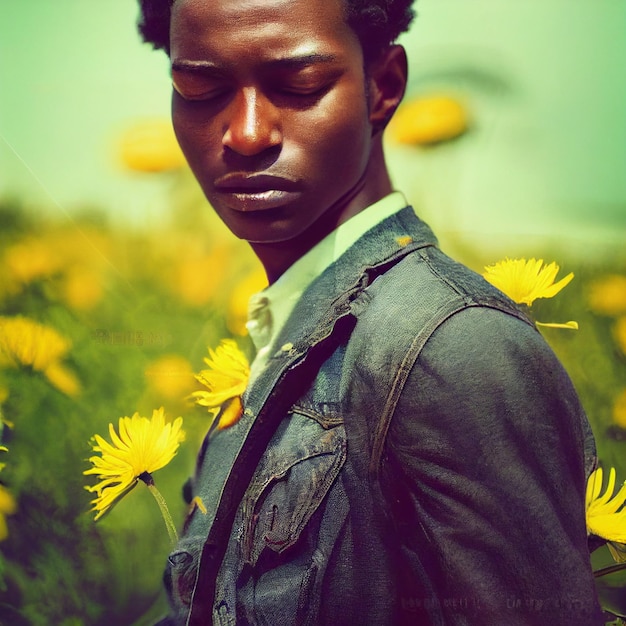 Retrato de homem afro-americano com olhos fechados e flores em renderização 3d de fundo
