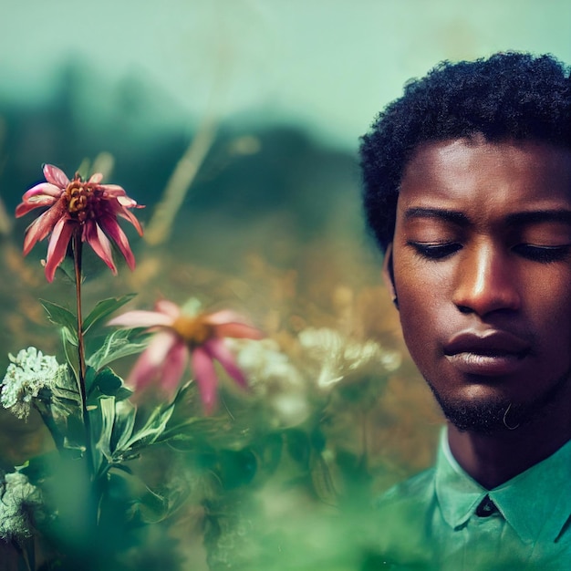 Retrato de homem afro-americano com olhos fechados e flores em renderização 3d de fundo