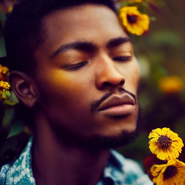 Retrato de homem afro-americano com olhos fechados e flores em renderização 3d de fundo