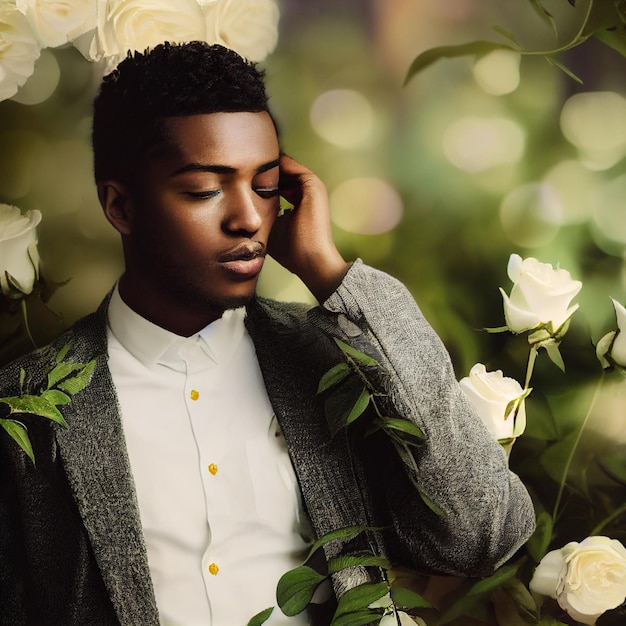 Retrato de homem afro-americano com olhos fechados e flores em renderização 3d de fundo