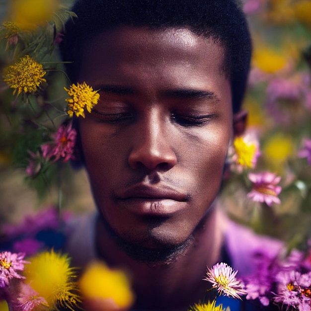 Retrato de homem afro-americano com olhos fechados e flores em renderização 3d de fundo