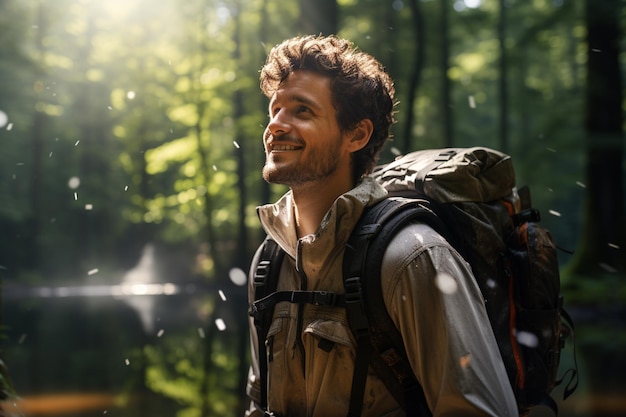 retrato de homem alpinista no fundo da natureza