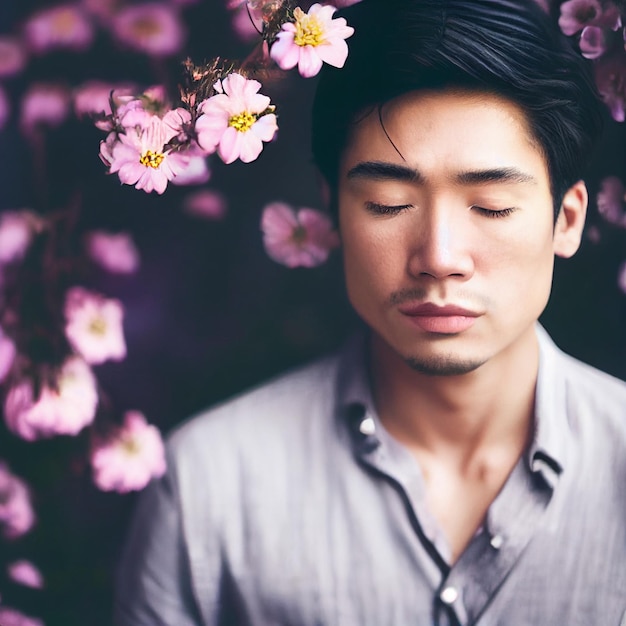 Retrato de homem asiático com olhos fechados e flores em renderização 3d de fundo