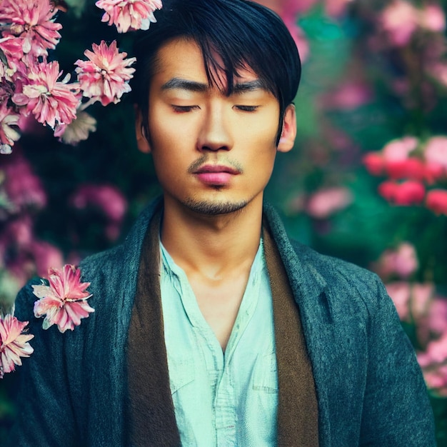 Retrato de homem asiático com olhos fechados e flores em renderização 3d de fundo