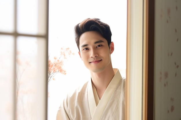 Retrato de homem asiático em quimono branco