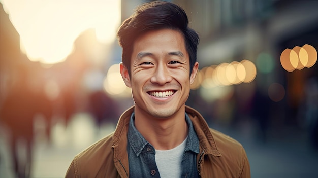 Retrato de homem asiático feliz e satisfeito fora de Generative Ai