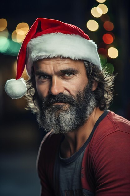 Retrato de homem barbudo com chapéu de Papai Noel conceito de Natal