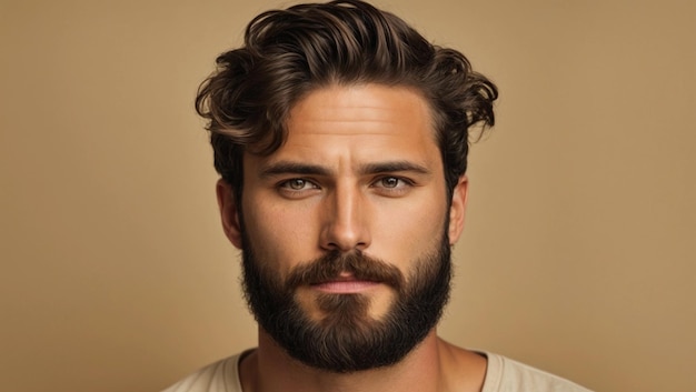 Retrato de homem caucasiano confiante e bonito com cabelo e barba pretos segurando um serum facial