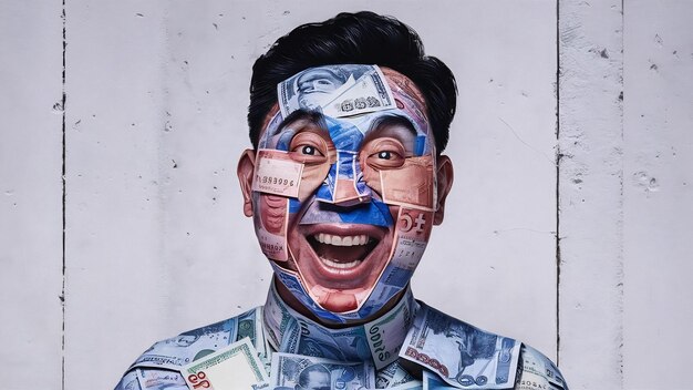 Foto retrato de homem chinês excitado em muitas notas isolado na parede branca