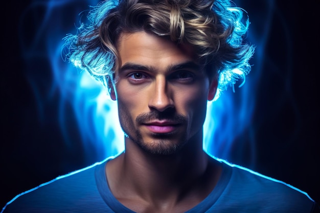Foto retrato de homem com efeitos visuais de luzes azuis