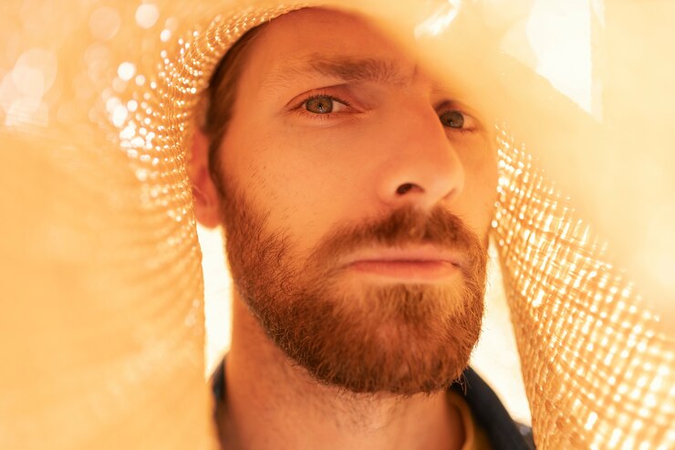 Retrato de homem com enorme chapéu de palha e luz solar