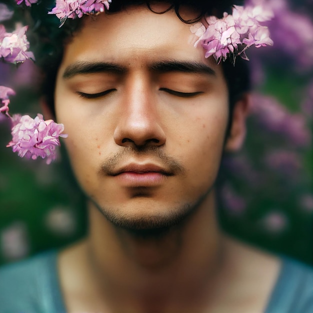 Retrato de homem com olhos fechados e flores em renderização 3d de fundo