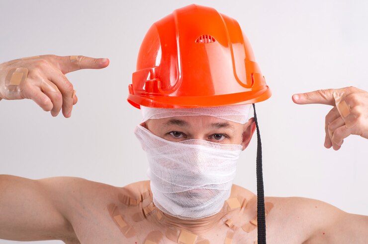 Foto retrato de homem com rosto ferido e cabeça enfaixada, mostrando com os dedos no capacete protetor na cabeça