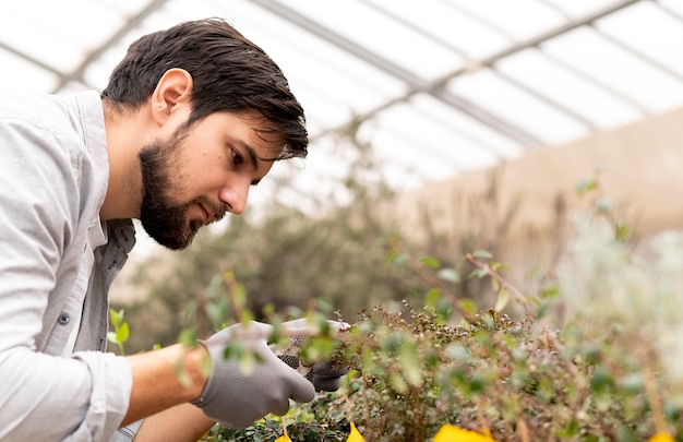 Retrato de homem crescendo plantas