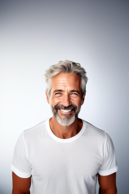 Retrato de homem de meia idade feliz e sorridente vestindo camiseta branca