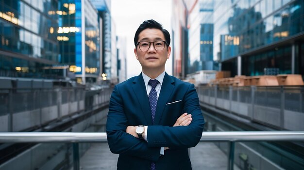 Retrato de homem de negócios asiático distrito de negócios executivos visionários sênior líder com visão de negócios