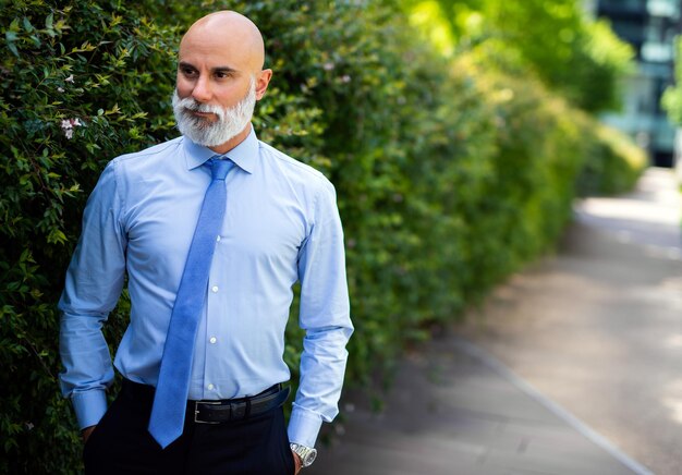 Retrato de homem de negócios calvo e elegante com barba branca ao ar livre em uma cidade verde