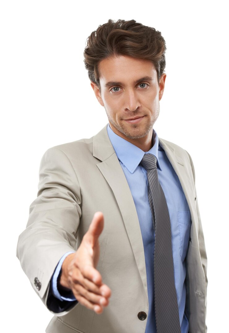 Foto retrato de homem de negócios e oferta de aperto de mão para bem-vindo acordo b2b e introdução de rh em estúdio em fundo branco trabalhador apertando a mão por apoio obrigado e parabéns pelo recrutamento de emprego