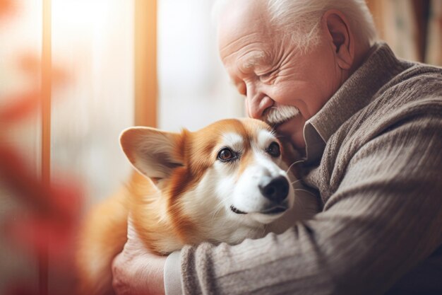 retrato de homem e mulher abraçando um cão corgi bonito conceito de animal de estimação