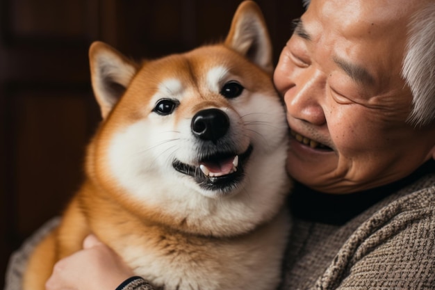 retrato de homem e mulher se abraçando bonito Shiba Inu conceito de cachorro de estimação