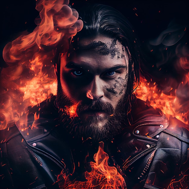 Retrato de homem em ilustração de renderização 3d de avatar épico de fogo