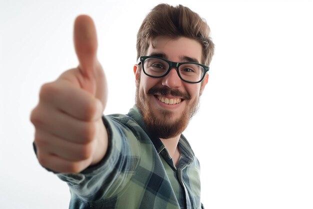 Foto retrato de homem fazendo sinal de positivo no fundo branco isolado