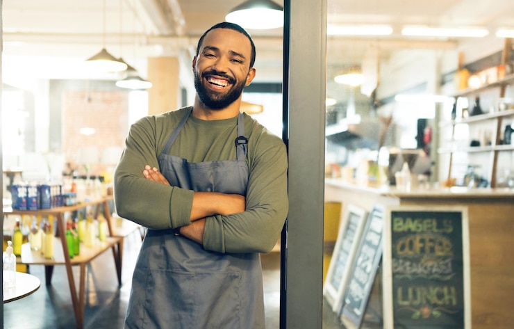 Foto retrato de homem feliz e pequeno café de negócios na porta com os braços cruzados em confiança ou gerenciamento de varejo barista ou garçom sorrindo na entrada da loja de café ou pronto para o serviço