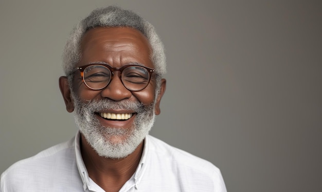 Foto retrato de homem idoso africano de óculos com um grande sorriso encantador de pé sozinho dentro de casa