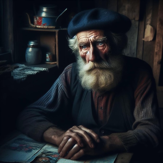 Retrato de homem idoso com boina e rosto pensativo