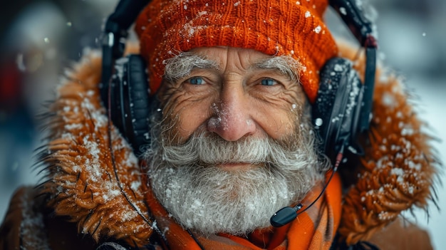 Retrato de homem idoso com fones de ouvido ao ar livre no inverno