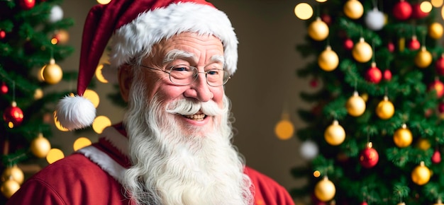 Retrato de homem idoso em traje de Papai Noel sobre luzes de Natal de fundo