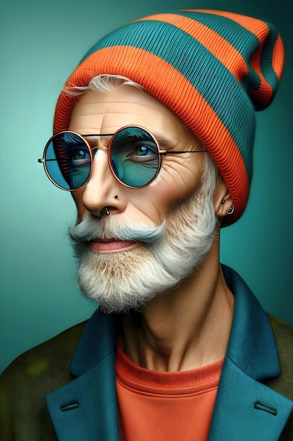 Retrato de homem idoso legal com nariz perfurado barba cinzenta óculos de sol azul-azul e boné laranja