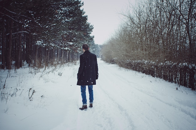 Retrato, de, homem jovem, andar, em, floresta, durante, neve, tempestade