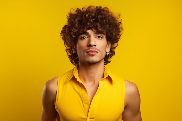 Foto retrato de homem latino com penteado em fundo amarelo