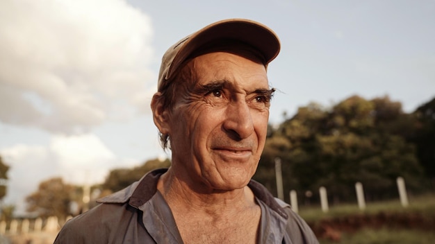 Retrato de homem latino na fazenda no fundo do céu