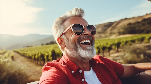 Retrato de homem sênior feliz rindo sorrindo enquanto dirigia em uma estrada rural de férias