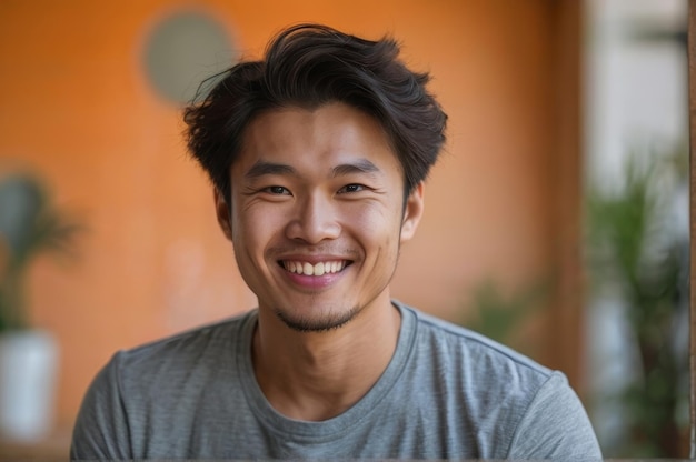 retrato de homem sorridente positivo aparência asiática em camisa cinza em estilo de vida de sala de estar laranja