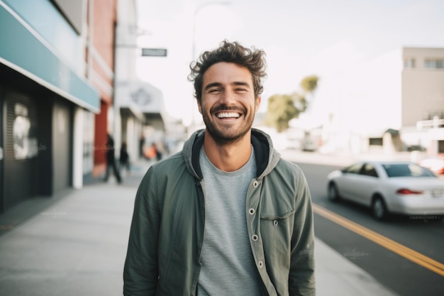 Retrato de homem sorrindo na cidade