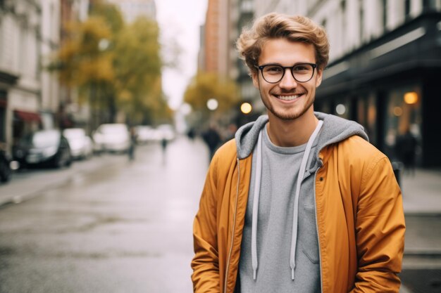 Retrato de homem sorrindo na cidade