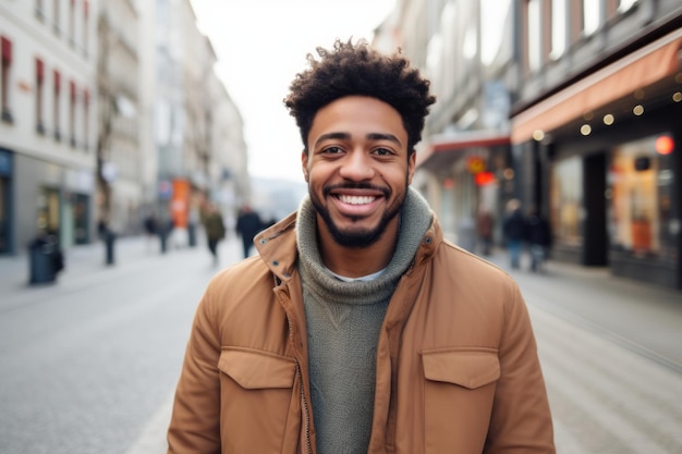 Retrato de homem sorrindo na cidade