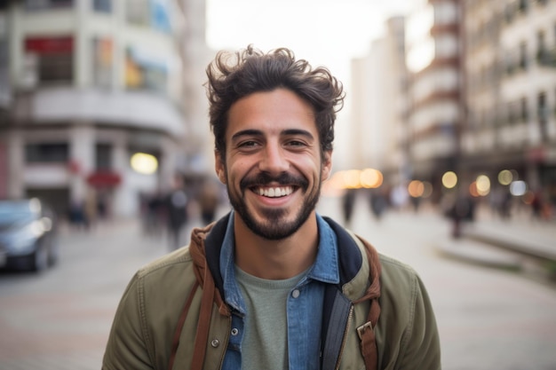 Retrato de homem sorrindo na cidade