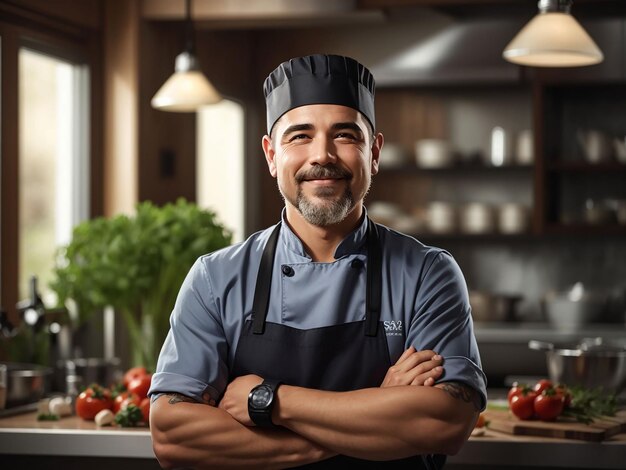 Retrato de homem sorrindo na cozinha