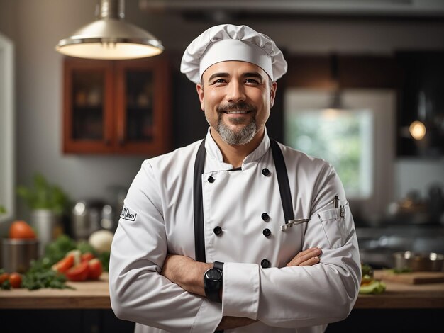 Foto retrato de homem sorrindo na cozinha