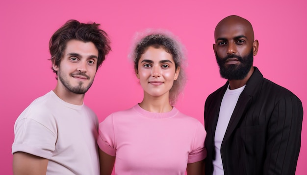 Foto retrato de homens e mulheres em negrito e vigoroso em fundo rosa simples