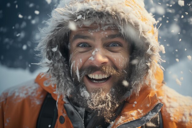 retrato de humano coberto de neve no inverno